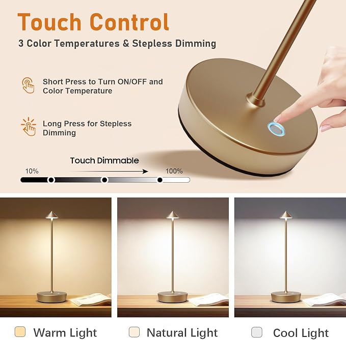 Set of 2 Cordless Rechargeable Led Table Lamp Battery Operated Light Bronze | 6000mAh Touch 3 Color Dimming Portable Metal Outdoor Waterproof Light for Patio/Restaurant/Dining/Home