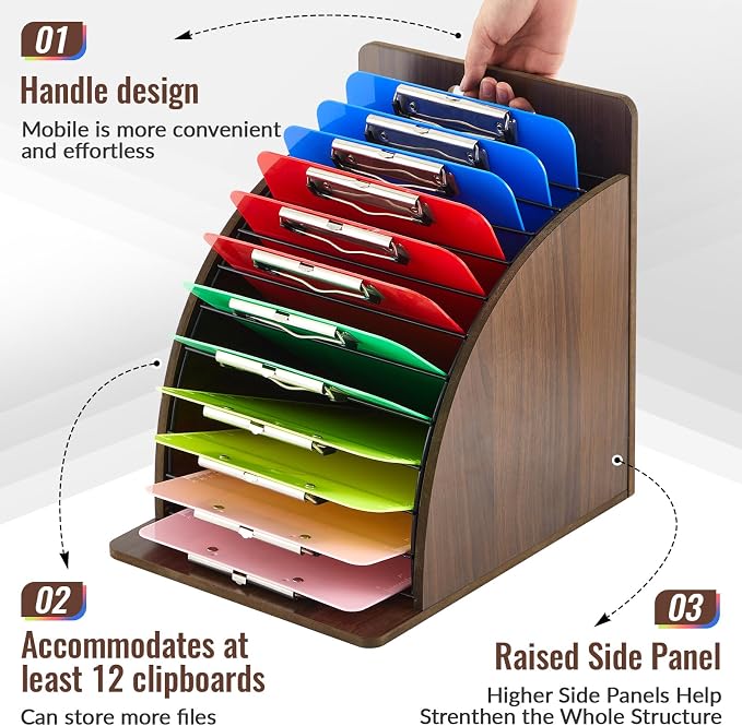 Wonderjune 1 Pack Clipboard Holder Wooden Metal Clipboards Storage Rack with Raised Side Panel, Back to School Supply for Classroom Office School Teacher, Clip Boards Not Included(Walnut)
