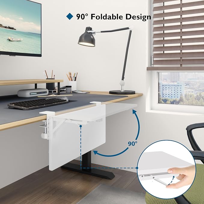 BONTEC Small Ergonomics Desk Extender Tray, 20 x 9.5 Inch, White | 90° Foldable Keyboard Tray Platform, Table Mount Arm Rest Shelf, Clamp on Computer Arm Rest, Suitable for Office Use