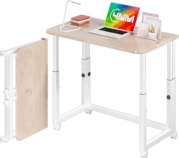 4NM No Tool Assembly 31.5" Small Desk, Folding Portable Desk with Wheels, Adjustable Height Foldable Computer Home Office Desks, Collapsible Study Writing Table for Space Saving Bedroom - Cloud Oak