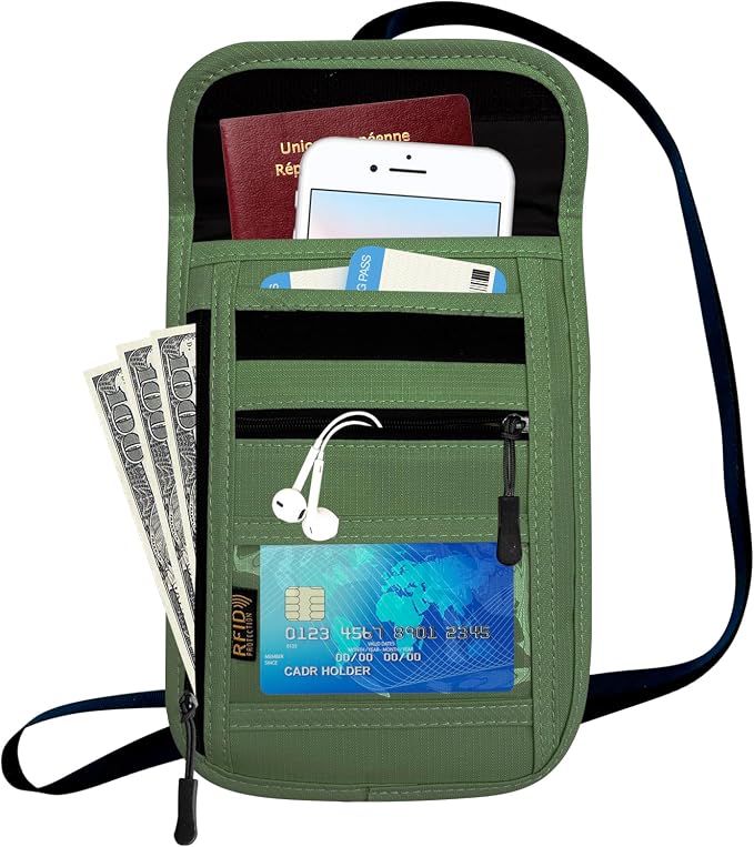 RFID Blocking Travel Neck Wallet Pouch and Passport Holder, Travel Neck Pouch Passport Holder for Women & Men - Army Green