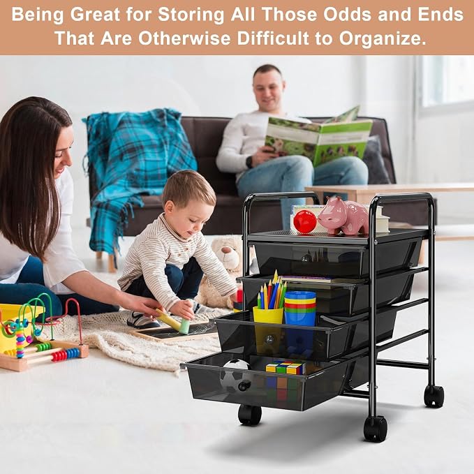 Rolling Storage Cart with Drawers 4-Tier Office Transparent Black | Utility Cart with 4 Drawers & 2 Lockable Caster Wheels, Multipurpose Mobile Drawer Cart for School Bathroom Kitchen