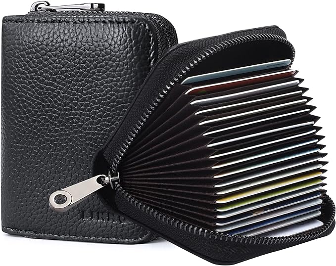 Linno RFID 20 Slots Credit Card Holder Genuine Leather Small Wallet for Women or Men with Zipper