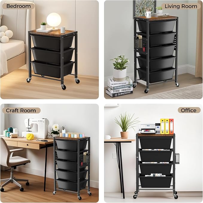 Rolling Cart with 5 Drawers, Plastic Drawer Storage Carts with Wheels & Wooden Tabletop, Metal Utility Cart with Pegboards, Office Living Room Classroom Craft Organization and Storage, Dark Black