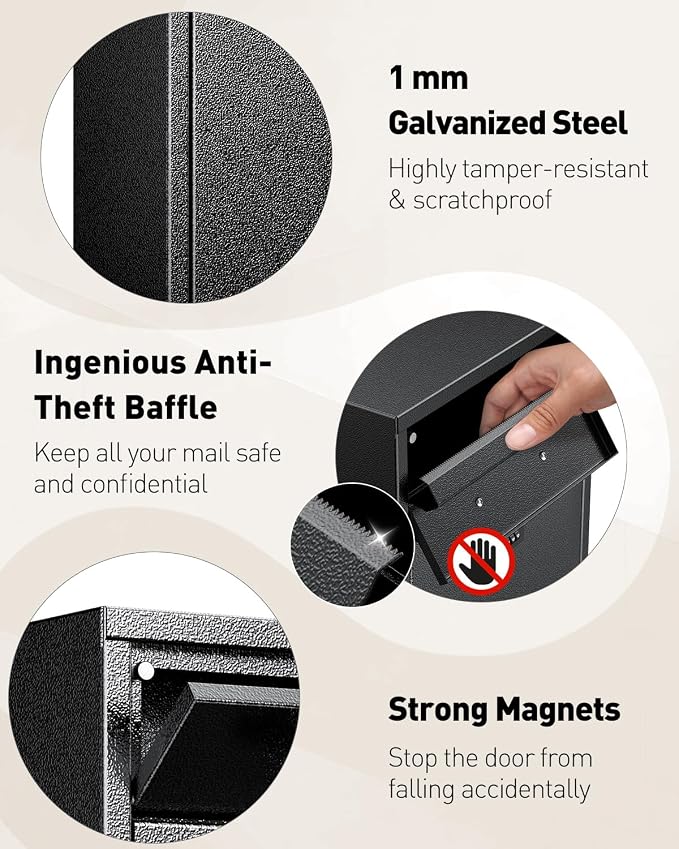 Uniclife Wall Mount Mailbox for Outside, Anti-Theft Heavy Duty Locking Mailbox, Large Mailbox with Combination Lock, Security Mail Box, Safe Key Drop Box, Post Box, Steel Cash Drop Box for Home, Black