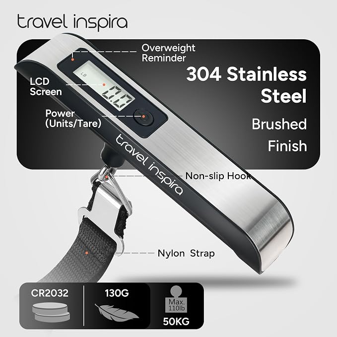 travel inspira Luggage Scale, Portable Digital Hanging Baggage Scale for Travel, Suitcase Weight Scale with Rubber Paint, 110 Pounds, Battery Included