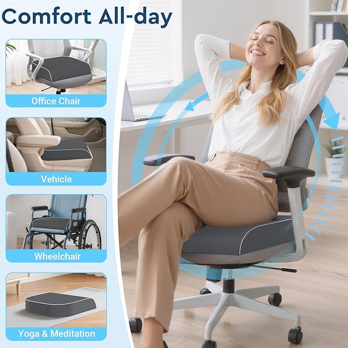Seat Cushion, Memory Foam Office Chair Cushions for Long Sitting Hours, Chair Pad for Sciatica, Coccyx, Tailbone, Hip Pain & Pressure Relief, Office, Home, Car Seats,Airplane, Gray/X-Large