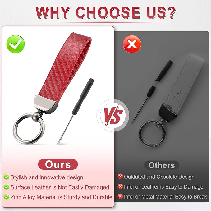 JUSTTOP Leather Keychain, Carbon Fiber Car Key Chain with Anti-Lost D-Ring and 2 Key Ring, Keychain Wristlet, Car Accessories, Universal Keychain for Men and Women (Red)