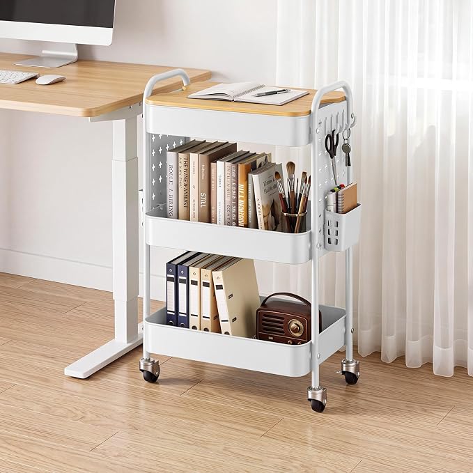 3 Tier Rolling Cart with Table top, Metal Utility Cart with DIY Pegboard | Sturdy Storage Organizer Cart with Locking Wheels,Hooks& Cups for Office, Classroom, Kitchen and Bathroom, White