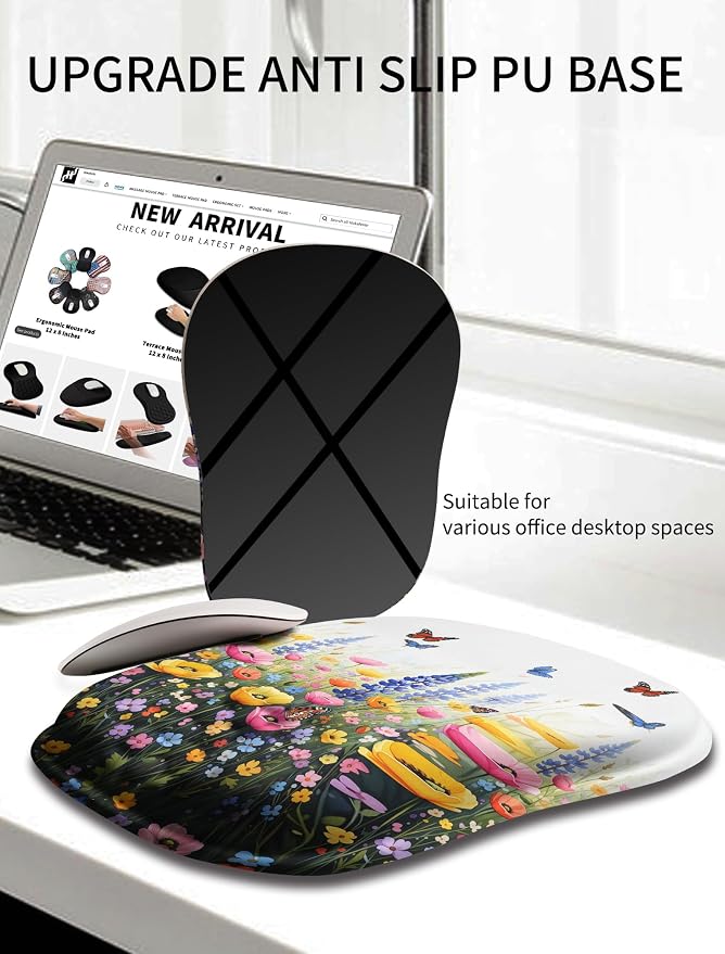 Hokafenle Ergonomic Wrist-Hugging Mouse Pad Wrist Support, U-Shaped Holding Wrist Rest Mousepad for Carpal Tunnel Pain Relief with Cushioned Memory Foam Slope Massage Bulge (10.2x8.3 in,Flowers)