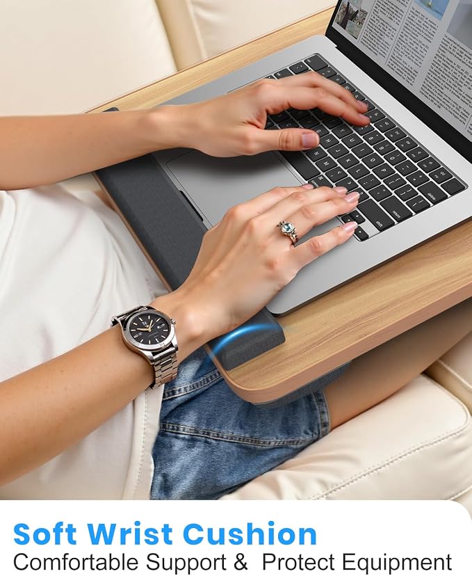 HETTHI Portable Lap Desk, Laptop Stand for Bed with Soft Wrist Rest, Tablet/Phone Slot, Fabric Handle, Laptop Bed Desk with Cushion (Light Brown)