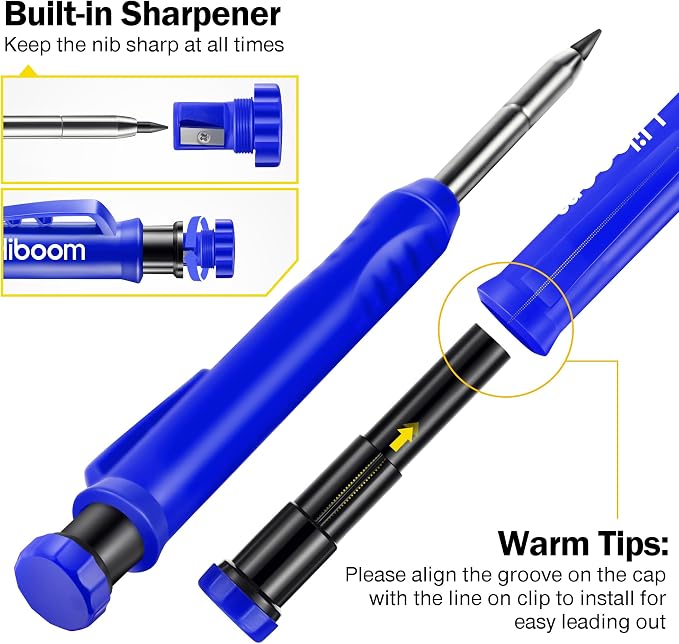 Hiboom Mechanical Carpenter Pencil with 7 Leads, Deep Hole Marker, Blue | Built-In Sharpener, Long Nose Construction Pencil, Pocket Clip Design, Woodworking Tools, Marks on Various Surfaces