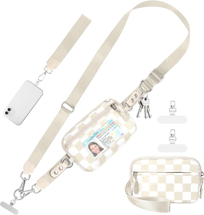 Tiostep Clip and Go Strap for Phone with Wallet Crossbody Phone Lanyard Adjustable and Detachable RFID Wristlet Wallet (Beige Yellow Checkered, Large)