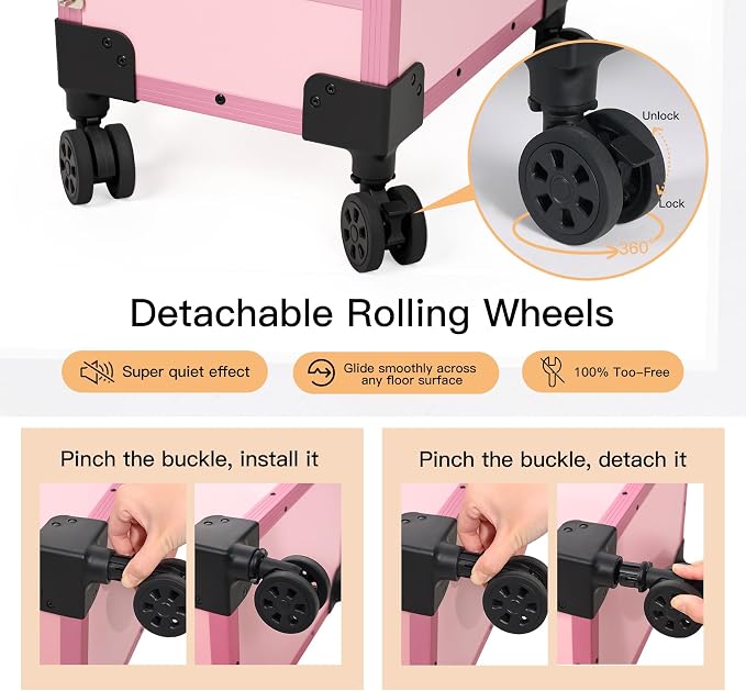 Rolling Portable Manicure Table with 3 Drawers, Lockable Makeup Train Case with Detachable Mirror, Foldable Nail Desk with Wheels & Handle, Mesa de Uñas Profesional para Nail Techs & Salon Use, Pink