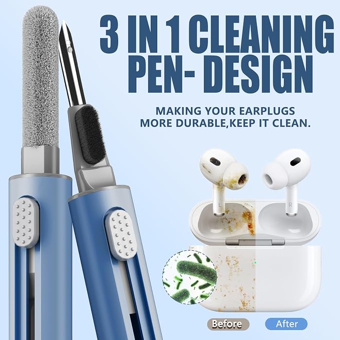 Inesore Multi Cleaning Kit for AirPods & All Bluetooth Earbuds (Deep Blue) | 3-in-1 Design with Brush,Sponge & Metal Tip, Airpod Cleaning, Phone Cleaner, Earbud Cleaning, Electronic Device Cleaning Tool