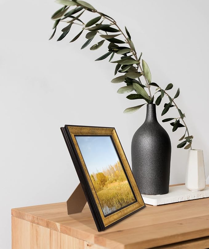 Golden State Art, 8x10 Antique Gold with Black Trim Color Frame - Easel Stand, Sawtooth Hanger - Landscape, Portrait Display - Great for Postcards, Photographs