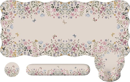 iCasso Desk Mat Set,Large Mouse Pad with Wrist Rest,Ergonomic Keyboard Wrist Support for Women,Girly Floral Computer Mat with Scalloped Edges,Non-Slip Desk Pad Home Office Gaming (Beige)