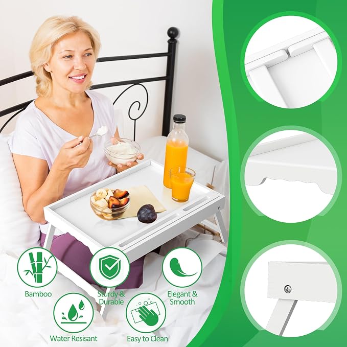 Artmeer X-Large Bamboo Bed Tray with Device Slot and Folding Legs, White | X-large FSC-certified bamboo bed tray with device slot, folding legs and extra space for meals, laptops and reading in bed.