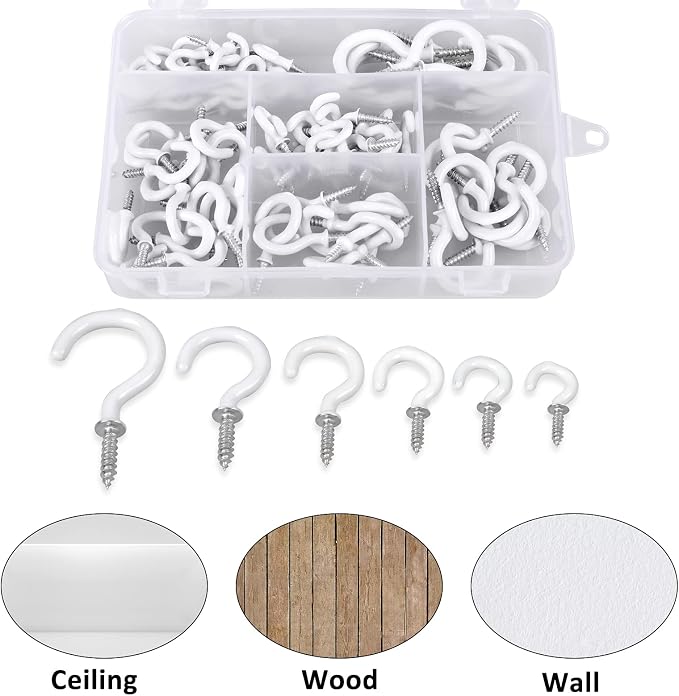 Romeda 90 Pcs White Ceiling Hooks kit, 6 Sizes Vinyl Coated Screw-in Plant, Kitchen, Cup, Ceiling Hooks for Hanging (1/2in, 5/8in,3/4in,7/8in,1'',1-1/4in)