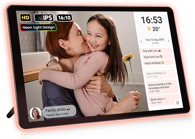 ApoloSign Neon Light Digital Picture Frame, Desk Digital Calendar, Auto-synced Schedule via Frameo App - 10.1" HD Touchscreen | AI Color-Changing LED | Share Photo/Video Instantly | Gift for Parents