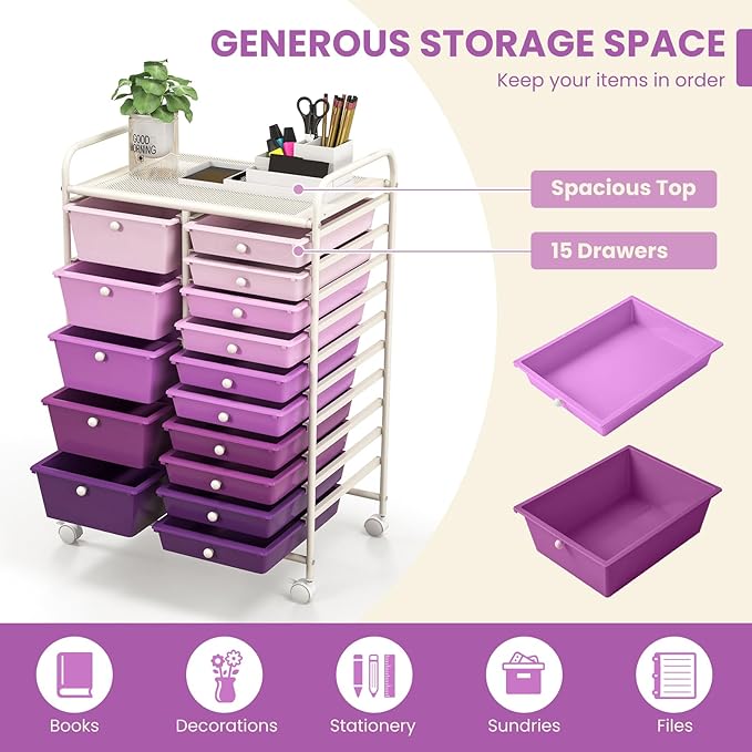 COSTWAY 15 Drawer Rolling Storage Cart, Mobile Storage Organizer | Removable Drawers & Metal Frame, Multipurpose Utility Tools Paper Organizer on Wheels for Home, Office (Purple Gradient)