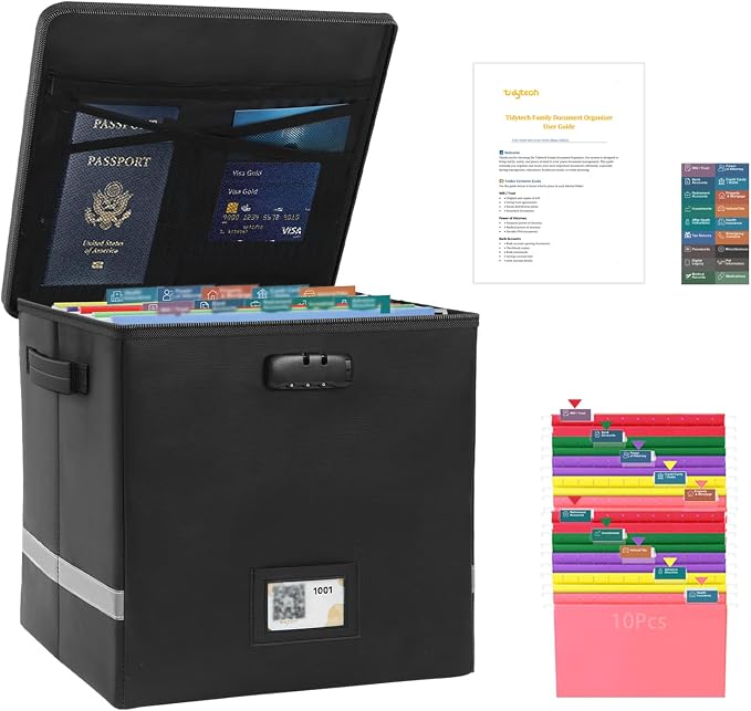 Next of Kin Box Organizer with Labels,Estate Planning Organizer Kit | Fireproof Home & Office Organization with Family Document Guide,Foldable Document Organizer for Family,Combination Lock