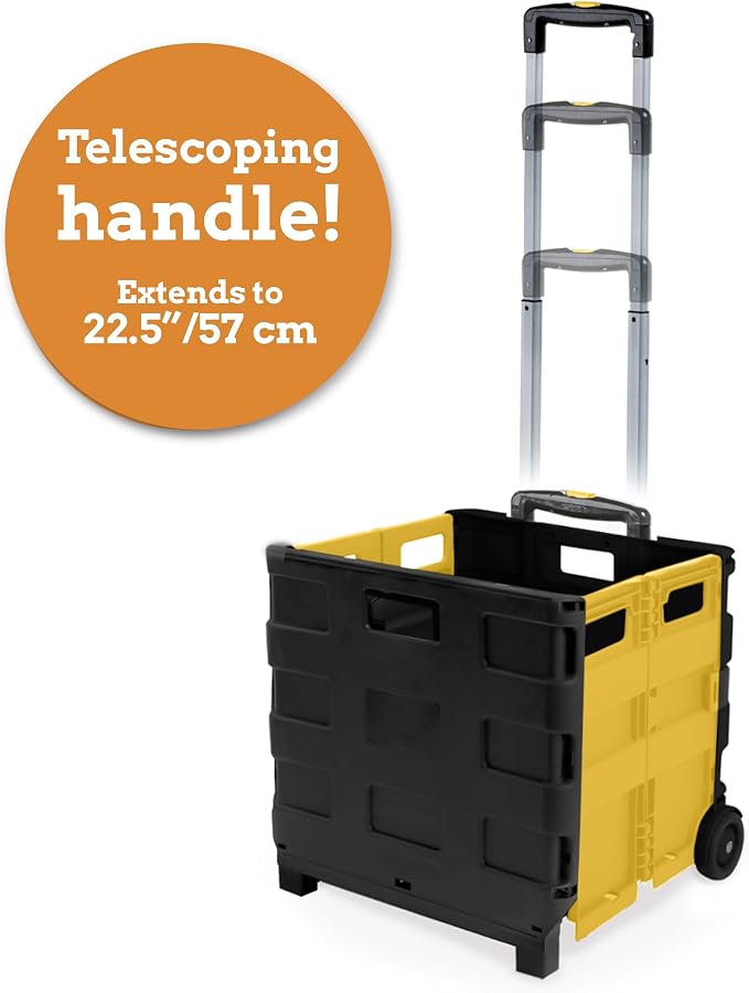 Ultra-Slim Rolling Collapsible Storage Pack-N-Roll Utility-carts, with Telescopic Handle, for Home, Garden, Shopping, Office, School use, Medium, Yellow & Black