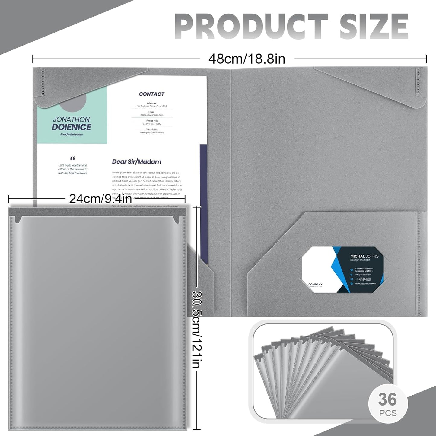 Henoyso 36 Pcs Plastic Folders with Clear Front Pockets Heavy Duty File Folders with 2 Pockets and Card Slot for Student Communication School Office Presentation Report (Dark Gray)