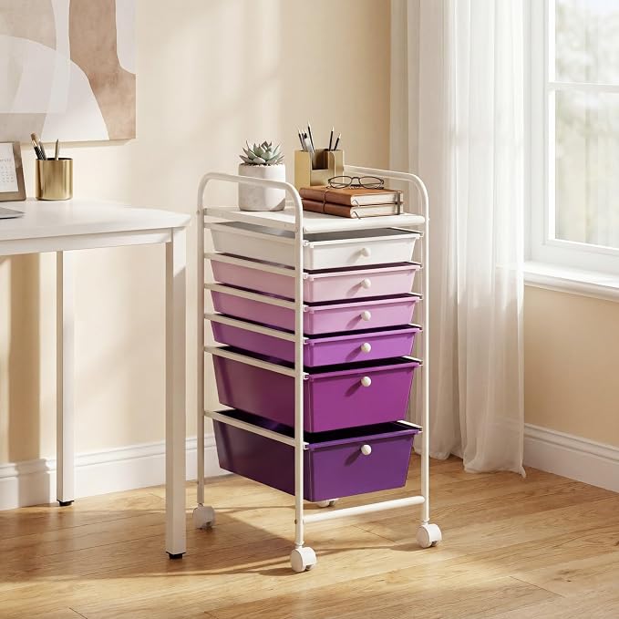 COSTWAY 6-Drawer Rolling Storage Cart, Art Craft Tools Organizer on Wheels | Multifunctional Heavy Duty Utility Mobile Storage Trolley w/ 2 Lockable Wheels for Home Office School (Purple Gradient)