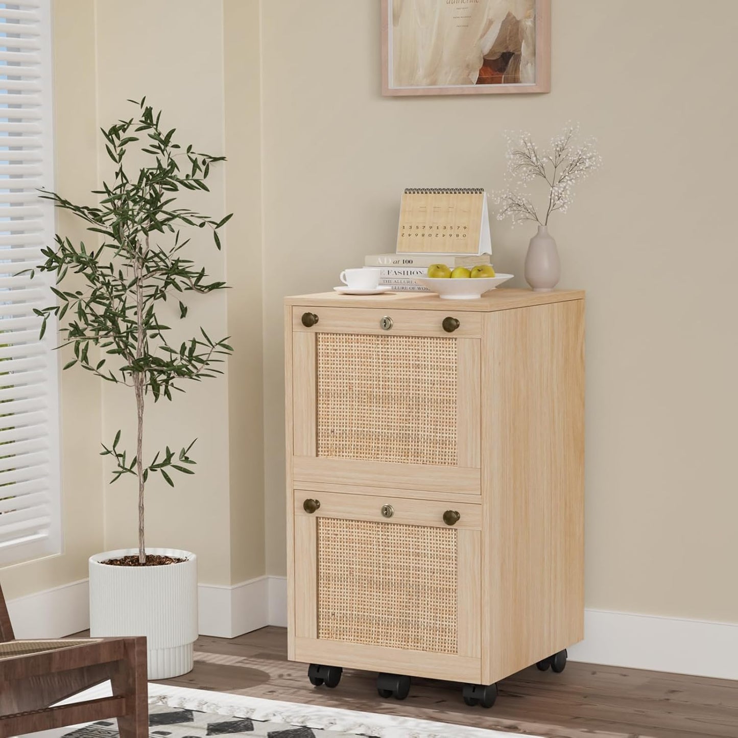 VINGLI 2 Drawer File Cabinet with Lock, Rolling File Cabinets for Home Office, Small Printer Stand, Wood Rattan Oak File Organizer, Under Desk Filing Cabinet on Wheels for Folders with Tabs