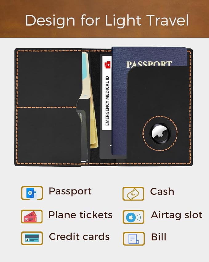 Passport Holder for Travel, Genuine Leather Passport Wallet Cover Case with Airtag Slot, RFID Blocking, for Women Men, Travel Essentials Gift, Black