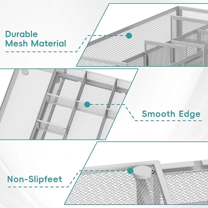 Expandable Desk Drawer Organizer Tray with 10 Adjustable Compartments, Metal Mesh Office Drawer Organizer, Versatile Desk Organizer for Home, School Supplies, Makeup Vanity & Jewelry (White)