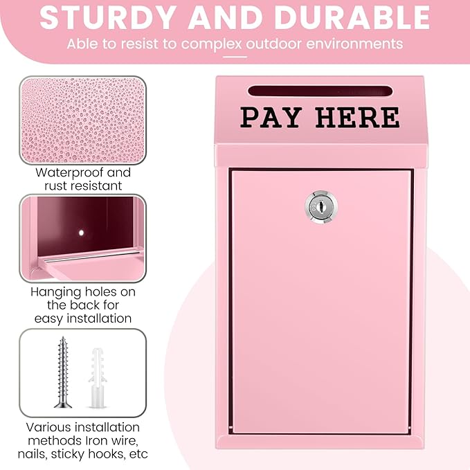 Yaocom Safe Metal Cash Box for Farm Stand – Money Drop and Secure Donation Collection, Wall Mount Lockable Unit with Pre Drilled Holes for Outdoor Self Serve(Pink,10.2 x 5.7 x 2.8 Inch)