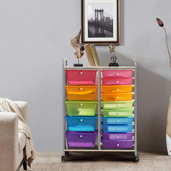 RELAX4LIFE 15 Drawer Rolling Storage Cart, Mobile Drawer Carts for Craft Art Supply Paper Salon, Utility Cart on Wheels for Classroom Teacher School Office, Rolling Cart with Drawers (Color)