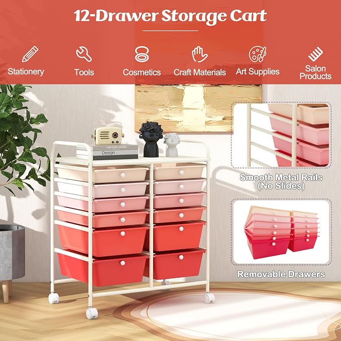 COSTWAY 12-Drawer Rolling Storage Cart, Moveable Art Craft Organizer | Lockable Wheels, Metal Shelf, Files Arrangement Tools Makeup Storage Cart for Office, Home, School (Mixed Pink)