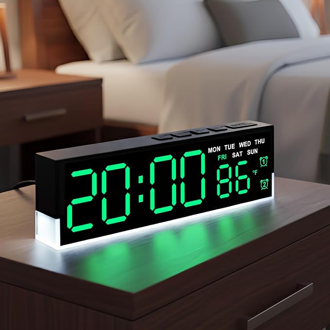JENLYSTIME 7 Inch LED Digital Alarm Clock with Dual Alarms & Bottom Glow｜Displays Time, Date, Day, Temperature ｜3-Level Auto/Manual Brightness, DST, USB or Battery Powered Modern Desk Clock (Green)