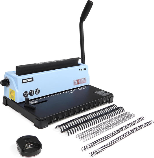 Rayson TD-132 Wire Binding Machine, 32-Hole Spiral Coil Binder, 3:1 Pitch, Punches 12 Sheets, Binds up to 120 Sheets, Sturdy Metal Construction