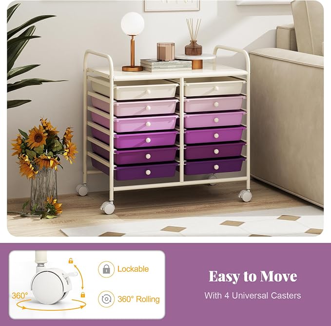 RELAX4LIFE 12-Drawer Rolling Storage Cart - Mobile Utility Cart on Wheels for School Classroom Teacher Office Salon, Paper File Art Supply Craft Organizer, Rolling Cart with Drawers (Gradient Purple)