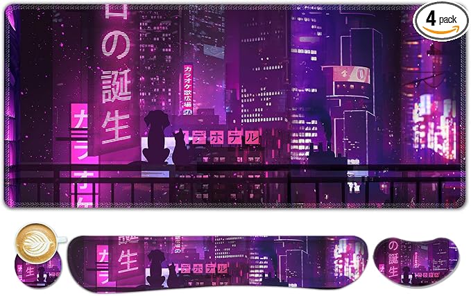 ToLuLu Extended Mouse Pad, Memory Foam Ergonomic Wrist Rest Support Set | Large Gaming Desk Mat with Stitched Edges fr Keyboard Mouse, Non-Slip Base Mousepad for Home Office, Neno City Anime Japanese