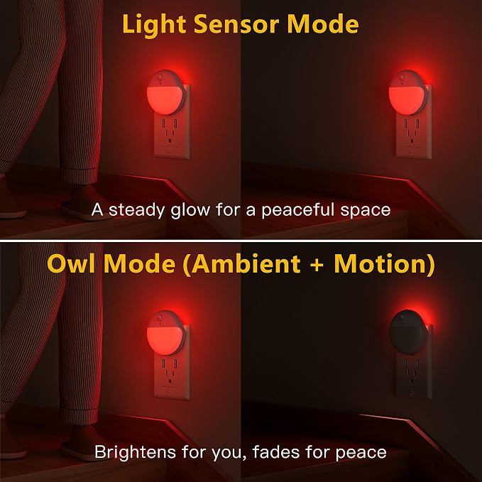 YUNLEX 2 Pack Plug in Red Sleep Night Light with Motion Sensor and Dusk to Dawn Sensor, 3 Modes, Soft Glow, 0% Blue Light True Red, Dimmable, LED Lights for Bedroom, Sleep, Kids, Bathroom, Hallway