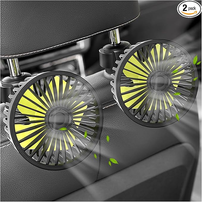 2 PCS USB Car Seat Fans for Backseat, 360° Rotatable Strong Wind Rear Seat Cooling Fan with 3 Speeds, 5V Powerful Air Circulation Electric Headrest Fan for for Sedan SUV RV Truck