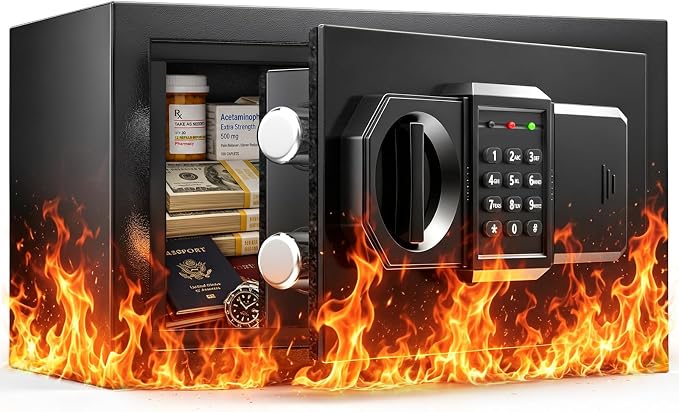 𝟑𝟓-𝐌𝐢𝐧 𝟏𝟖𝟎𝟎°𝐅 Mini Fireproof Safe, 15.4 Lbs Heavy Duty Safe Box | Small Fire Safe with Alarm System, Sensor LED Light, Wall Mountable Design for Home & Office Storage of Cash, Passport