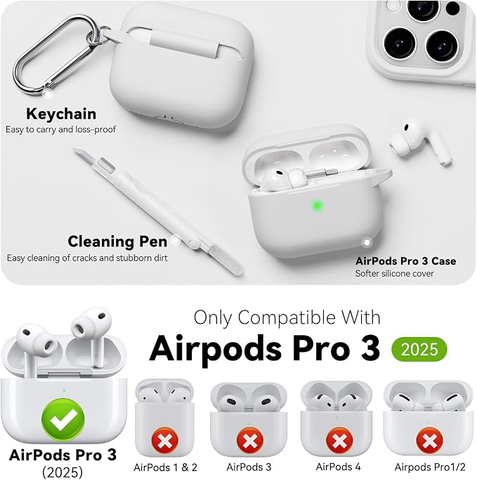 for AirPods Pro 3 Case 2025,Come with Cleaner Kit,White | Silicone Protective Cover for Airpod Pro 3rd Generation Case with Keychain,for Women Men,One-Piece Design,Shockproof