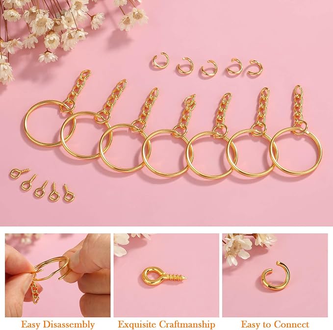 Audab 360Pcs Gold Keychain Bulk, 120Pcs Key Rings with Chain and 120Pcs Open Jump Rings with 120Pcs Screw Eye Pins for Crafts and Jewelry Making
