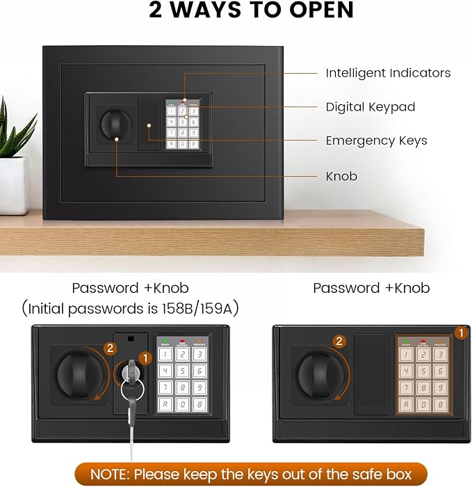 Home Safe Box, Safes with Fireproof Waterproof Bag, 9.84'' H Anti-Theft Digital Security Lock Box with Smart Alert System, Removable Shelf, Mute Function, Document Safes for Jewelry
