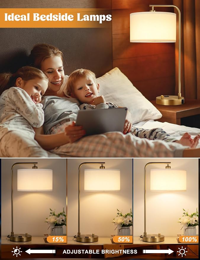 Innqoo Gold Table Lamp with USB Port and Outlet, Dimmable Nightstand Bedside Lamps with Linen Lampshade, Desk Lamp for Bedroom, Living Room, Guest Room, Home Office, LED Bulb Included