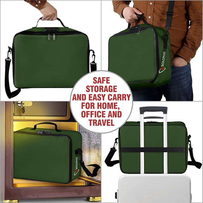 ROLOWAY Fireproof Document Bag with Lock (17 x 11.8 x 5 inch), Important Document Storage Bag with Multi-Layer File Organizers (Green)