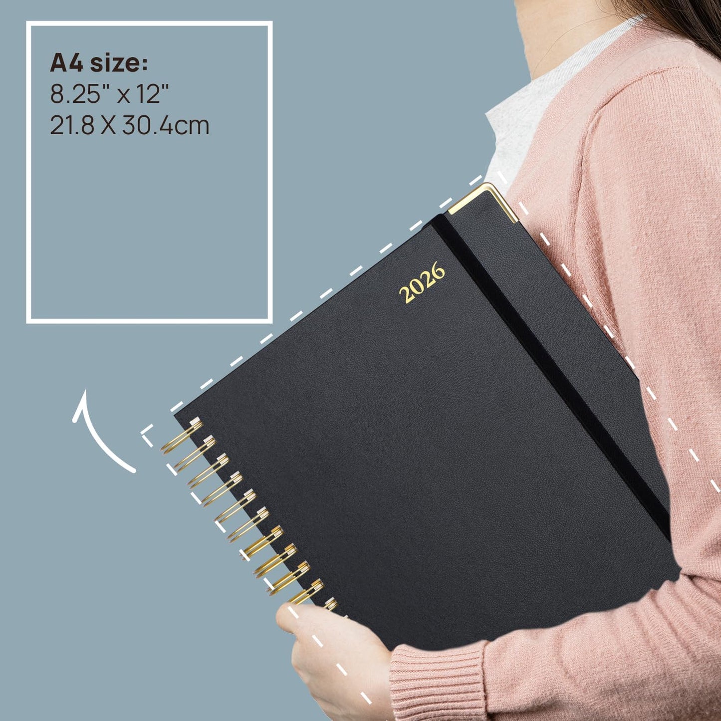 POPRUN 2026 Daily Planner One Page A Day - [A4 Large Size 8.25" x 12" -Spiral Hard Cover], Agenda 2026 Hourly Appointment Book with Monthly Calendar, Pen Holder, Ivory Paper -Black