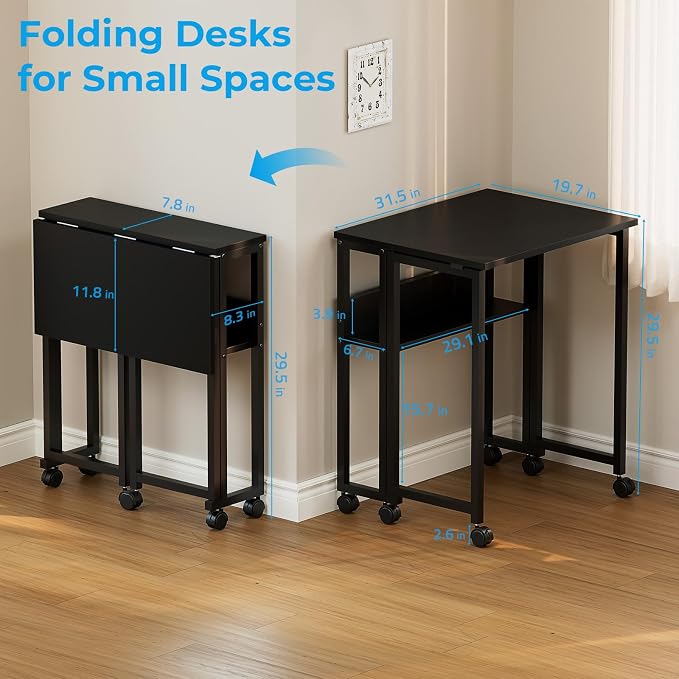 GreenForest Folding Desk with Wheels, 31.5" Rolling Table for Small Spaces | Storage Shelf, Lockable Casters, Compact Portable Workstation, Space-Saving Foldable Sofa Table, Home Office, Mobile, Black