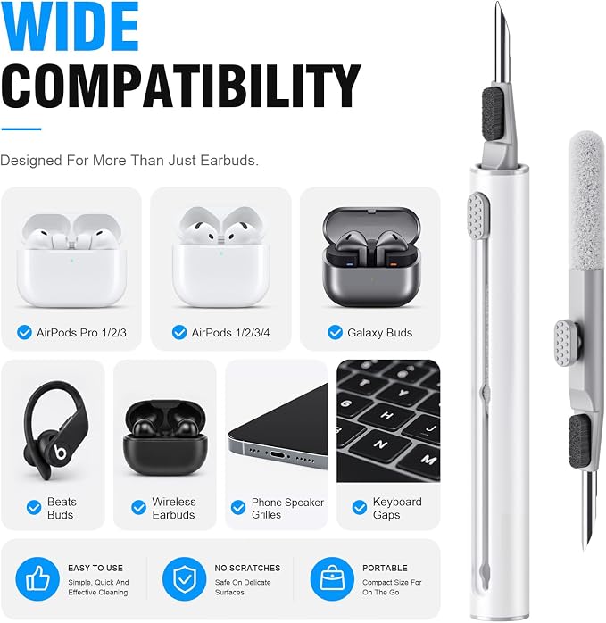 Hyashee Cleaner Kit for AirPods Pro 3/2/1, 3-in-1 Earbud Cleaning Pen with Metal Tip, Soft Brush & Flocking Sponge, Cleaning Tool for Wireless Earbuds, Charging Case, Phone, Keyboard & Electronics